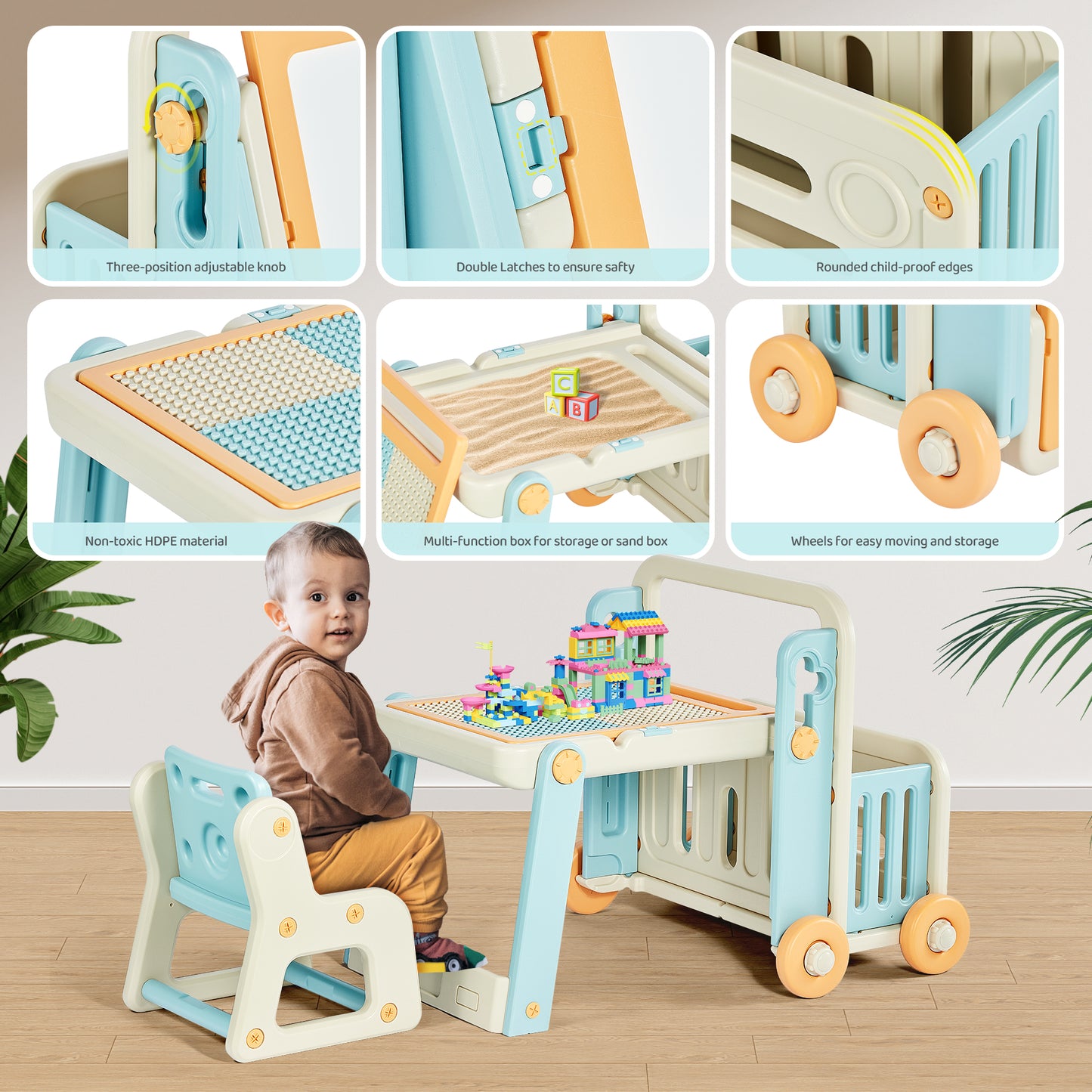 DUKE BABY Kids Play Table with Storage and Stool - Blue Yellow