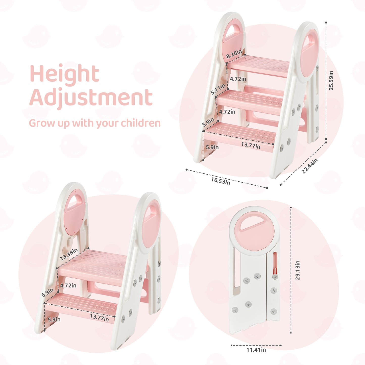 DUKE BABY Kids 3-Step Learning Stool Foldable Standing Tower for Toddlers - Pink