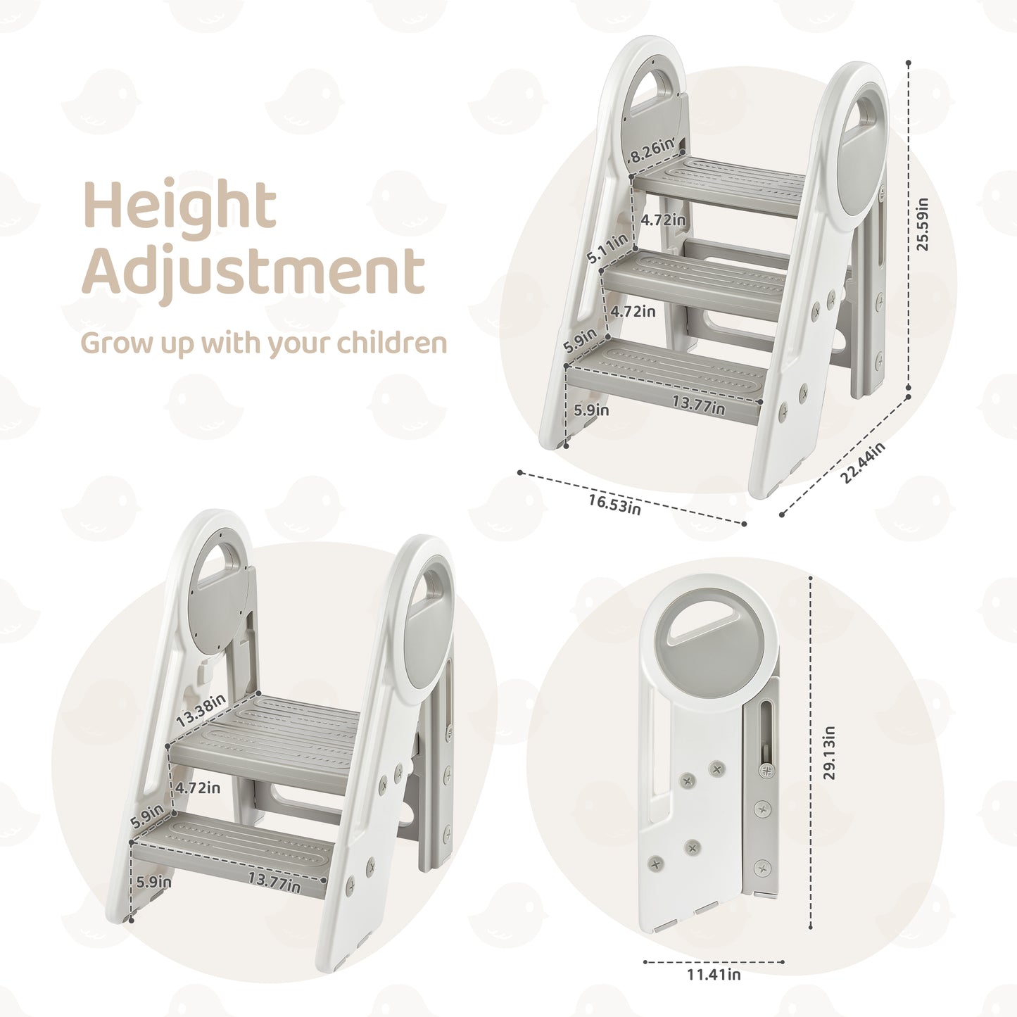 DUKE BABY Kids 3-Step Learning Stool Foldable Standing Tower for Toddlers - White