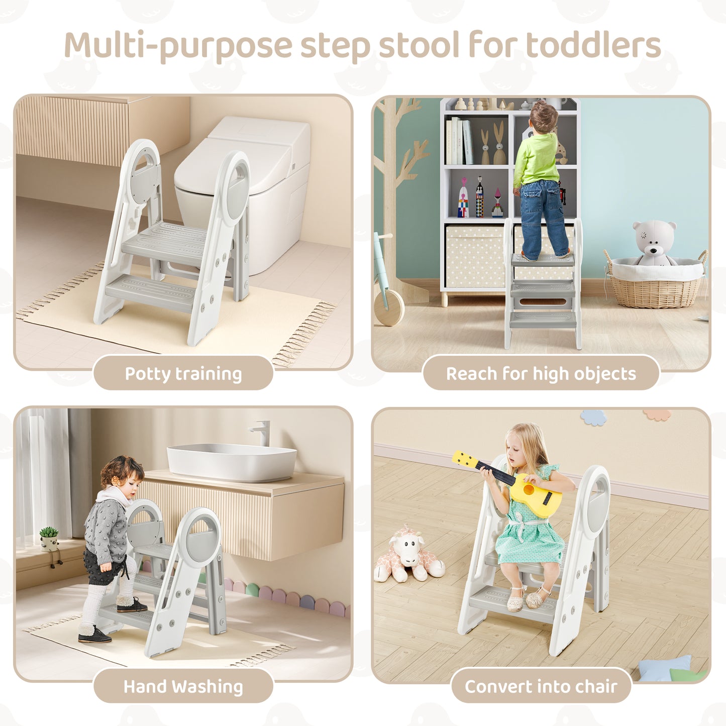 DUKE BABY Kids 3-Step Learning Stool Foldable Standing Tower for Toddlers - White