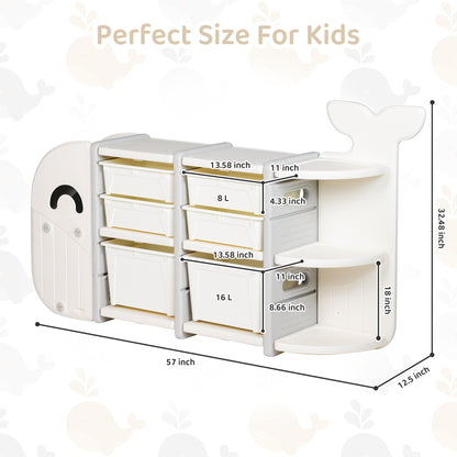 DUKE BABY Kids Small 3 Layer Toy Storage Organizer with 6 Storage Bins and Display Bookshelves for Kids Playroom Bedrooms Age 1-12, Whale Collection White