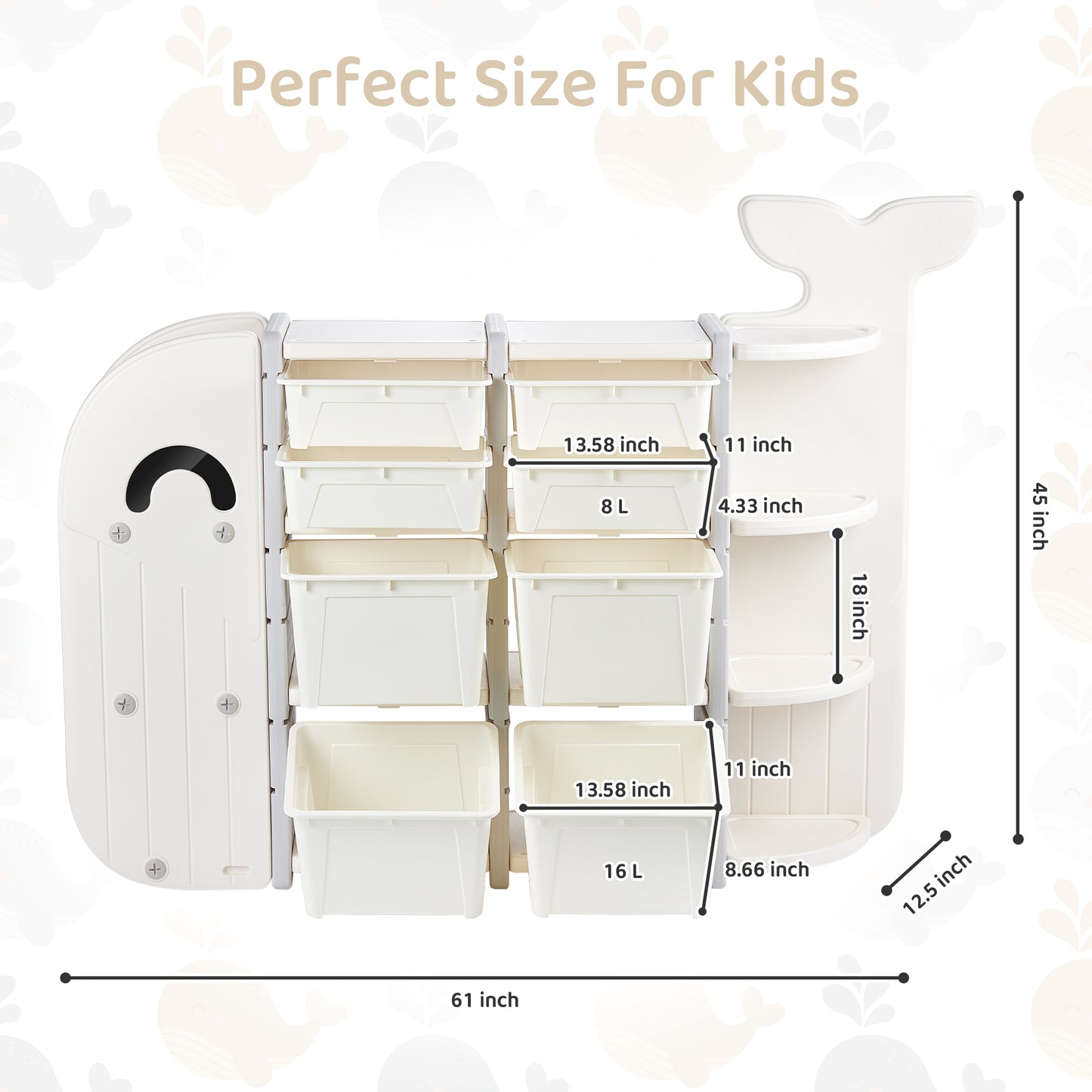 DUKE BABY Kids Large 4 Layer Toy Storage Organizer with 8 Storage Bins and Display Bookshelves for Kids Playroom Bedrooms Age 1-12, Whale Collection White