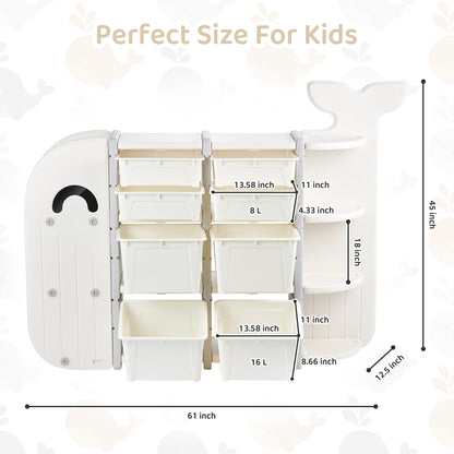 DUKE BABY Kids Large 4 Layer Toy Storage Organizer with 8 Storage Bins and Display Bookshelves for Kids Playroom Bedrooms Age 1-12, Whale Collection White