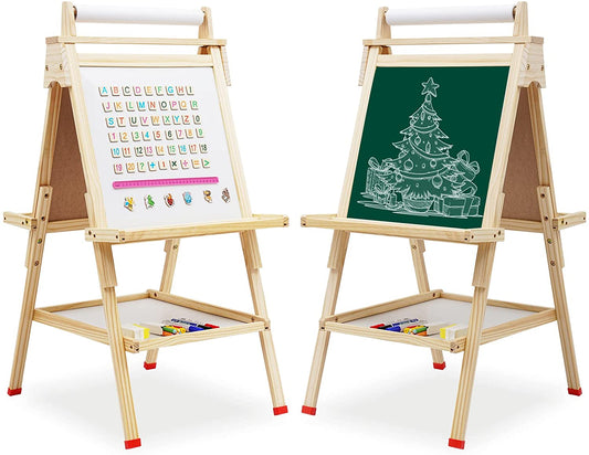 Duke Baby Kids Wooden Art Easel With Magnetic Chalkboard, Dry-Erase Board, Paper Roll, Art Accessories -- Natural Wood Color